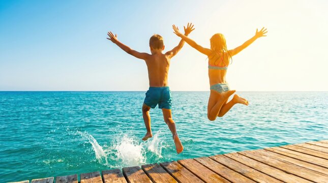 Happy children boy and girl jumping from wooden pier into blue sea water on summer day.