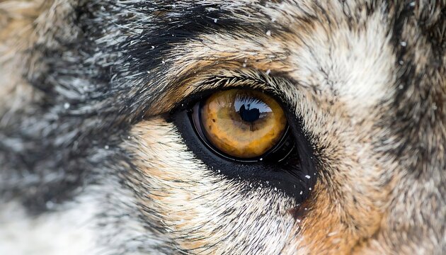 A close-up of a wolf's eye with yellow iris and fur (1)