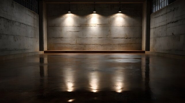 Dramatic interior architectural space featuring reflective concrete floors and a recessed niche under focused spotlights