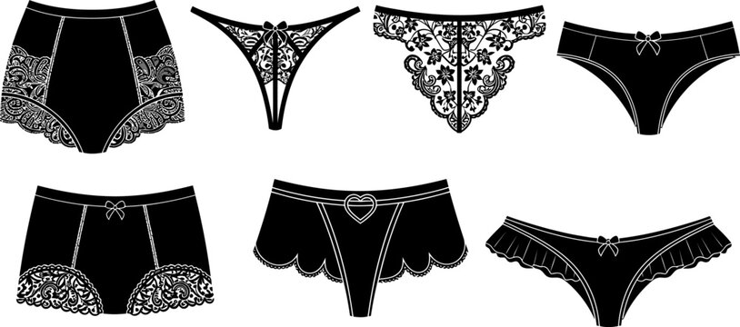 Womens lace underwear silhouettes collection with thongs and panties vector set designs eps.