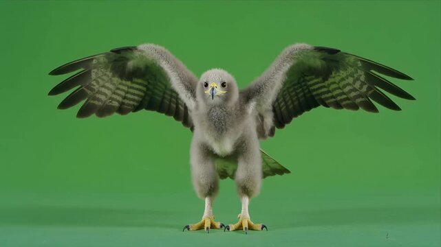 Young Eagle Chick Takes Off Against Green Studio Background.
