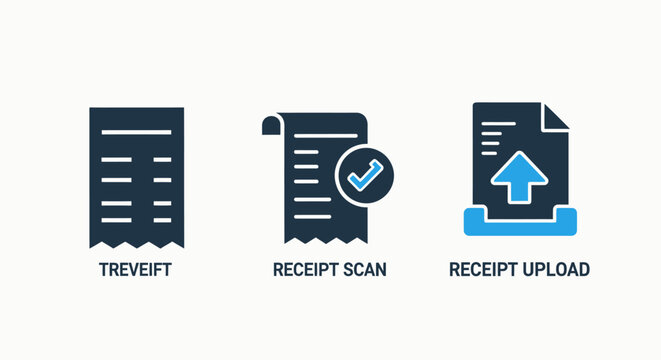 Digital icons for receipt management with scan and upload functions representing financial documentation process white background financial record expense report data entry digital transformation