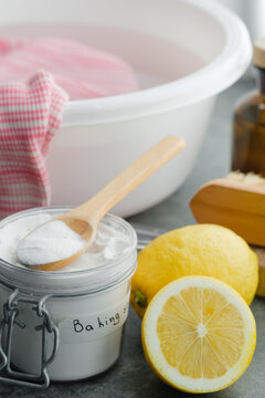 Natural remedies: baking soda, lemon, vinegar, cold water for removing stains from clothes. Sustainable living and zero waste concept