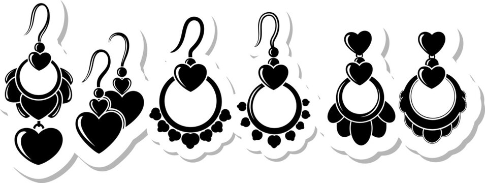 Collection of decorative heart shaped dangle earrings isolated on transparent background.