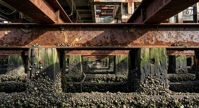 Perspective view of weathered wooden pilings and rusty metal beams, covered in barnacles and algae, under a pier structure.