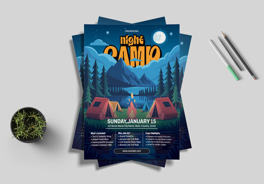 Forest Campfire Night Camping Adventure Flyer Design