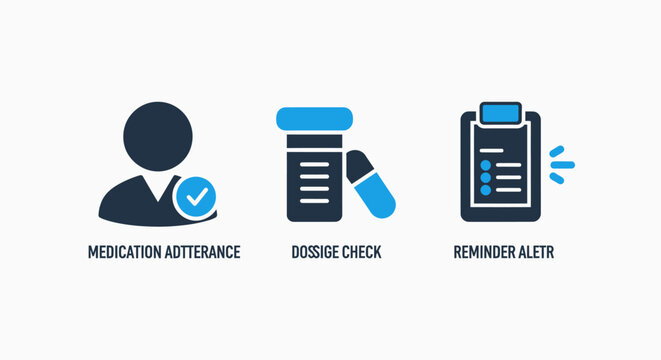Medical health care management icons representing medication adherence dosage checks and patient reminder alerts with healthcare medication adherence reminder clipboard treatment wellness