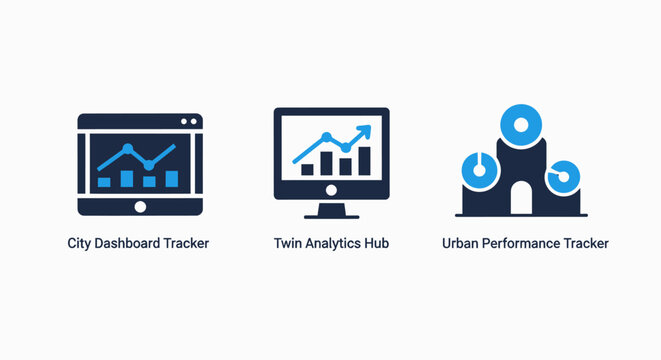 Modern data analytics and urban performance tracking icons for smart city dashboard and technology monitoring with technology analytics performance dashboard computer building architecture