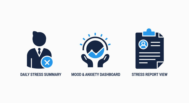 Mental health and wellbeing tracking icons including a daily stress summary mood and anxiety dashboard detailed health report view dashboard wellness psychology analytics assessment