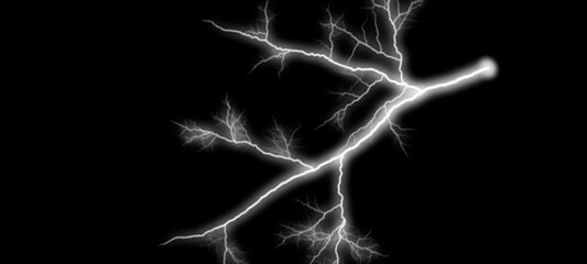 Powerful jagged white lightning bolt striking across dark black sky, abstract electric discharge, science and nature concept, energy boom, bright flash of illumination. © Nusrat