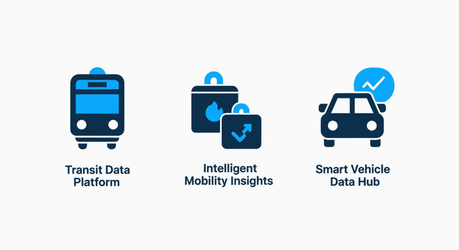 Intelligent mobility and transit data platform icons with mobility transport platform technology logistics navigation infrastructure management information connected solution innovation