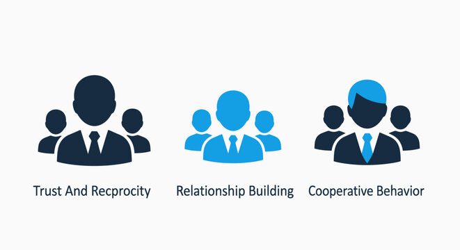 Business social behavior icons representing trust relationship building and cooperative behavior reciprocity relationship cooperation business teamwork collaboration behavior professional