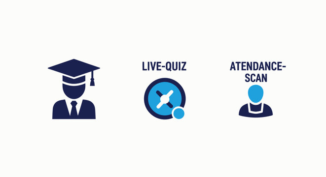 Education and learning assessment icons for live quiz and attendance scan with education learning attendance university academic training classroom technology graduation knowledge management