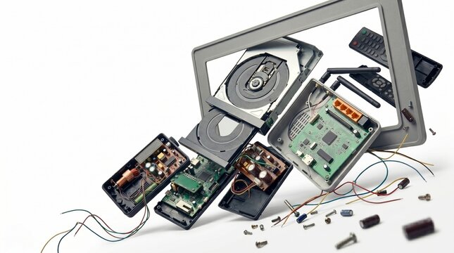 Disassembled electronic devices scattered on white background. Broken consumer electronics parts and circuit board. Concept of excessive consumption, e-waste, repair, and recycling.