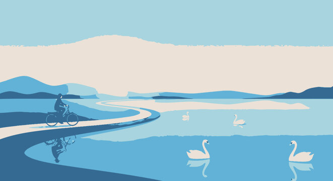 Person riding bicycle on lakeside path with swimming swans