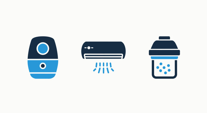 Modern home appliance icons featuring air purifier split system air conditioning and water filtration systems for climate control appliance conditioning purifier ventilation domestic technology