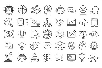 Artificial Intelligence and Technology Line Icons Set with AI Data Neural Network and Automation © Alone