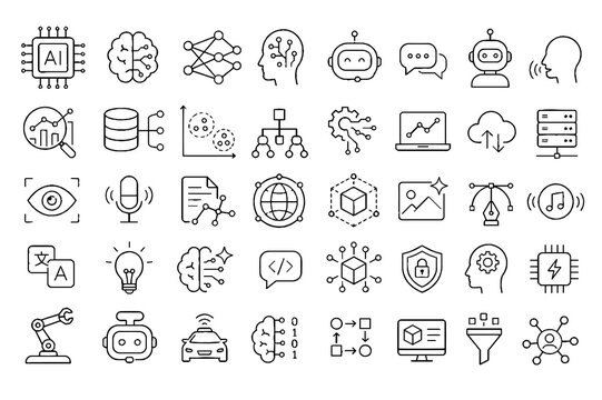 Artificial Intelligence and Technology Line Icons Set with AI Data Neural Network and Automation