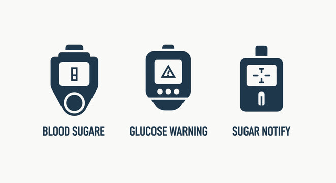 Set of blood sugar and glucose monitoring medical icons for health applications with diabetes notification healthcare analysis management diagnostic technology interface application equipment