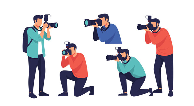 Diverse group of photographers taking pictures in various poses including standing, kneeling, and using zoom lenses.