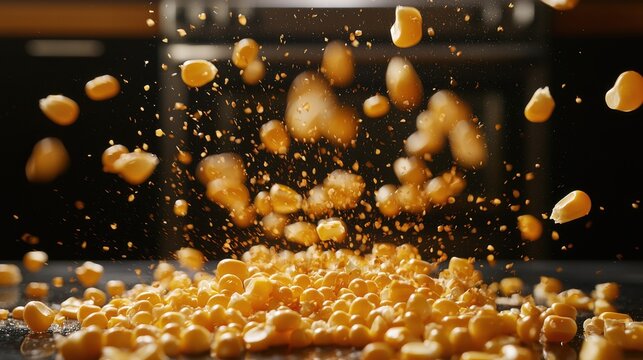 Corn kernel scatter golden kernels erupting upward frozen motion dark kitchen background individual pieces flying separated creating dynamic movement patterns