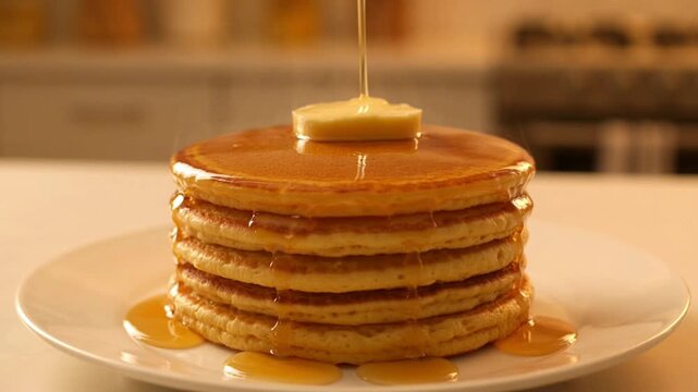 Syrup poured on pancake stack.