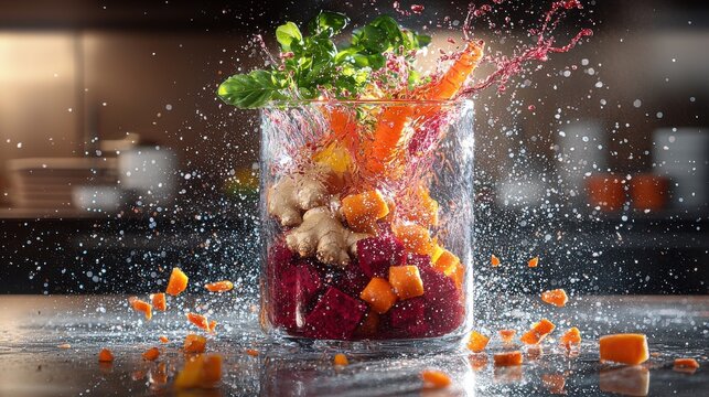 Blender ingredients swirling fresh carrots beets ginger root pieces clear container explosive splash effects vibrant colors modern kitchen preparation