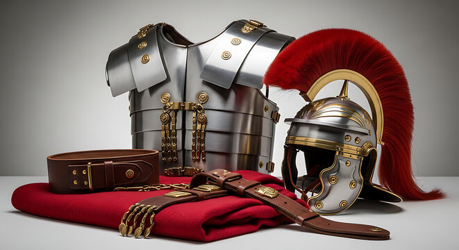 Roman legionary armor set including chest plate, helmet with red crest, and segmented belt on a neutral surface, historical reenactment equipment