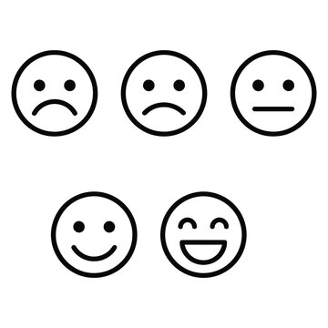Minimalist outline smiley face emoji set for customer feedback and satisfaction survey.