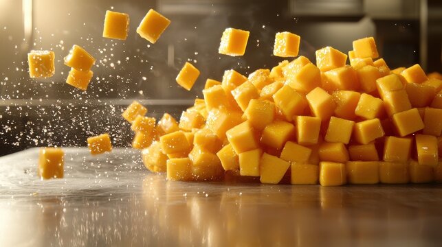 Mango dice bounce fresh cubed pieces dynamic sequence motion blur rebounding fruit natural physics professional culinary photography kitchen action
