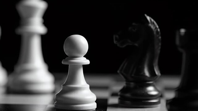 Chessboard Macro Shot with Black Knight and White Pawn in Focus Black and White Chess Game