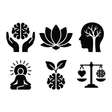 Black silhouette mental wellness and mindfulness icons for spiritual and psychological health.