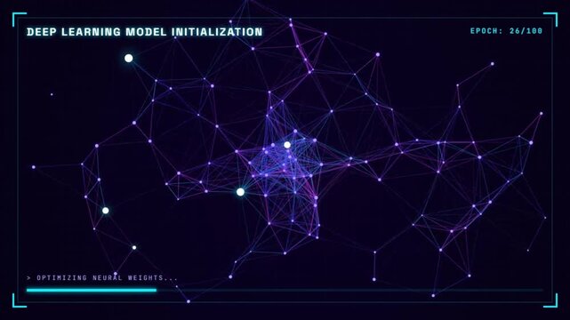 Deep Learning Model Initialization HUD with Animated Neural Network Visualization showing Epoch Training, Gradient Descent, and Backpropagation Status