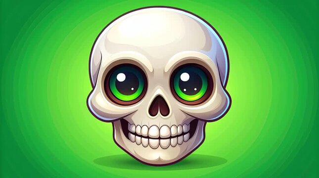A cartoon skull with green eyes and a smile is shown in a green background