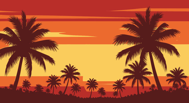 Tropical palm tree silhouettes against a vibrant orange sunset sky