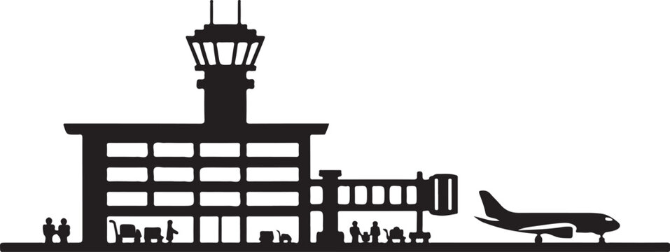 Airport terminal building with airplane and control tower