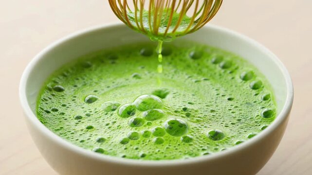 Matcha green tea whisking process.