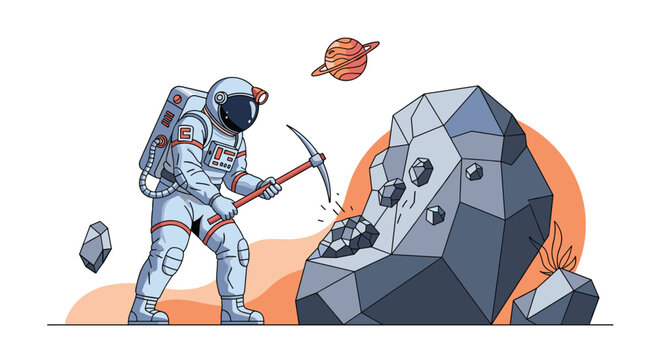Astronaut in a space suit using a pickaxe to mine minerals from a large lunar rock on a foreign planet with a ringed planet above.