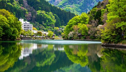 Obraz premium A serene lake surrounded by lush greenery and trees with a white building