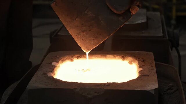 Molten Metal Pouring Into Mould Industrial Process Steel Manufacturing Casting Production Heavy