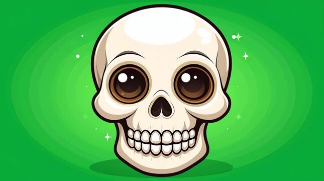 A cartoon skull with large eyes and a smile is depicted on a green background with sparkles.