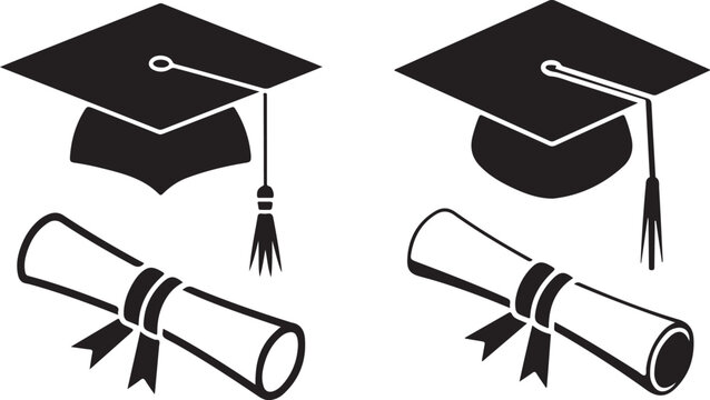 Graduation cap and diploma icon set