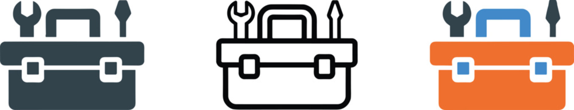 Professional tool box icon set with wrench and screwdriver in solid silhouette and vibrant flat design vector graphic style for construction