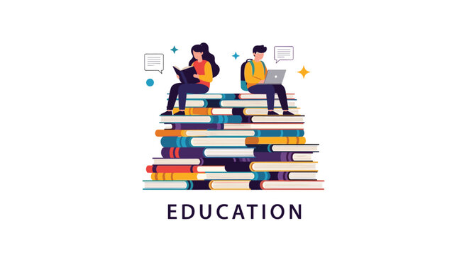 Students sitting on stack of giant books reading and using laptop for education and learning concept illustration.