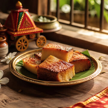 rath yatra special poda pitha traditional odia sweet dish rustic wood table warm morning sunlight cultural heritage food photography cozy authentic indian cuisine