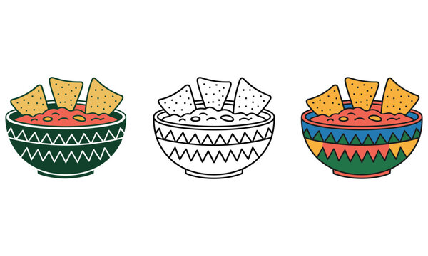 Bowl of spicy salsa dip with corn tortilla chips in vector illustration set for Mexican food restaurant menu branding and culinary graphics