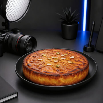rath yatra special poda pitha photography setup modern minimalist food styling with blue ambient light shallow depth of field monochromatic desk and sleek tech equipment for vibrant traditional odia s