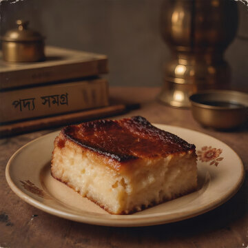 vintage poda pitha traditional sweet dish film photography style rustic indian dessert on ceramic plate nostalgic analog warm golden light shallow depth of field retro background earthy tones classic