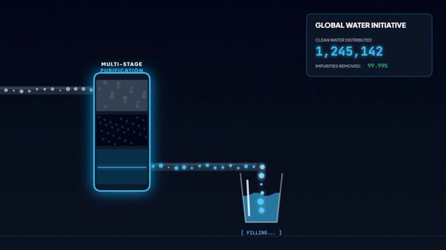 Global Water Initiative Animation with Multi-Stage Purification System Digital HUD Interface and Increasing Clean Water Distribution Counter