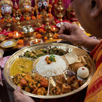 close up of vegetarian thali for rath yatra devotee india festive prasad meal with diya flowers basmati rice lentil curry exotic vegetables candid authentic lifestyle photography